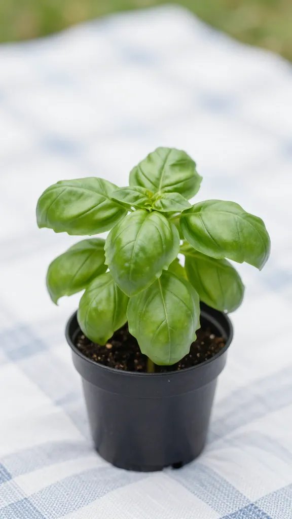 small potted basil cutting on picnic blanket