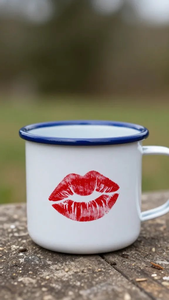 enamel camping mug with lipstick mark