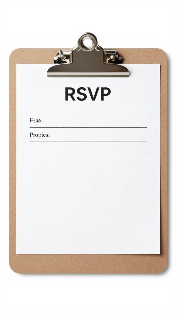 single clipboard with printed RSVP link, studio lighting