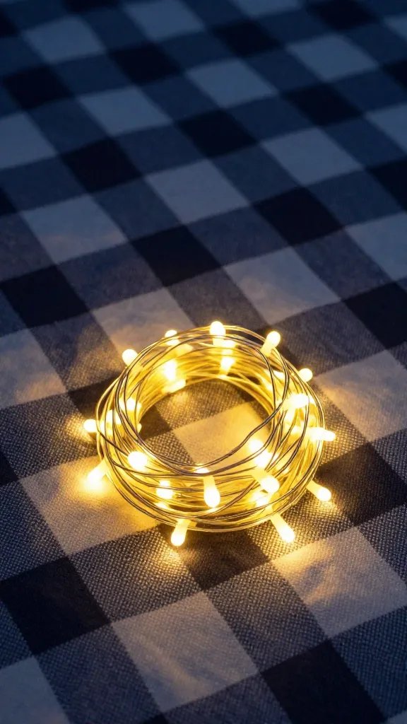 warm white battery string light coil on picnic blanket
