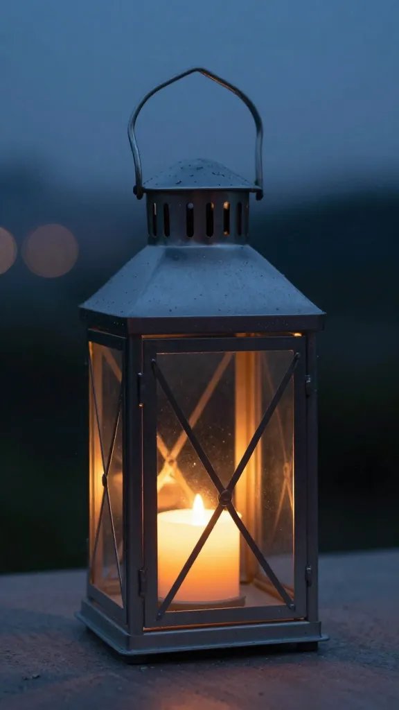 single metal lantern with LED candle at dusk