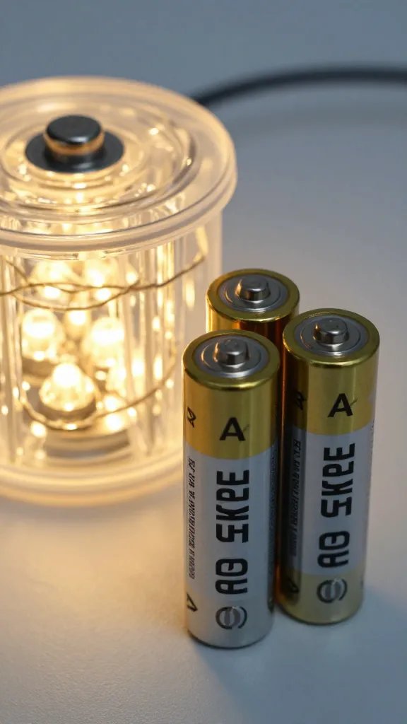 closeup AA batteries beside compact string light pack
