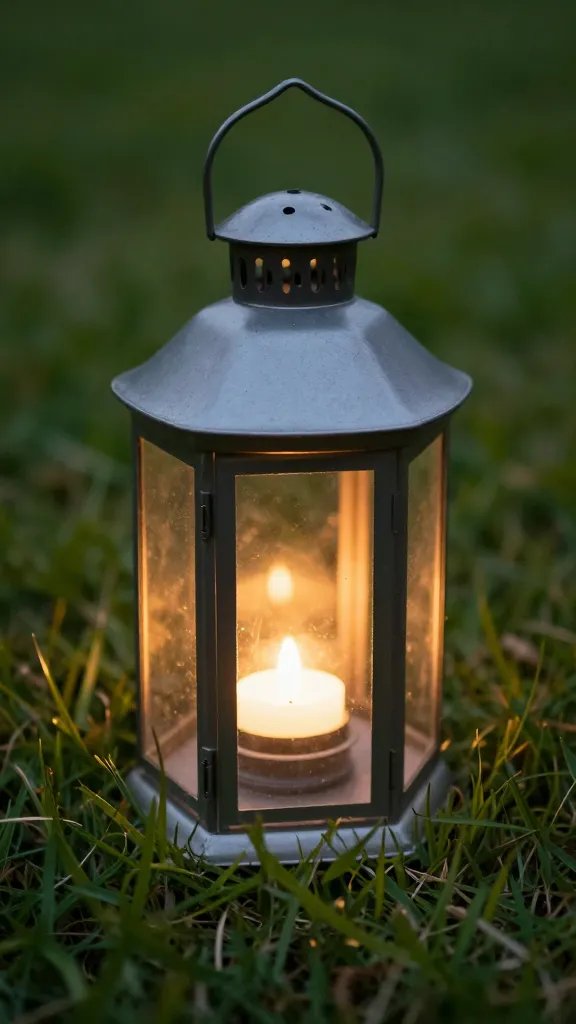 glass-paneled lantern with warm glow on grass