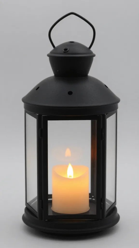 LED candle flame effect inside matte black lantern