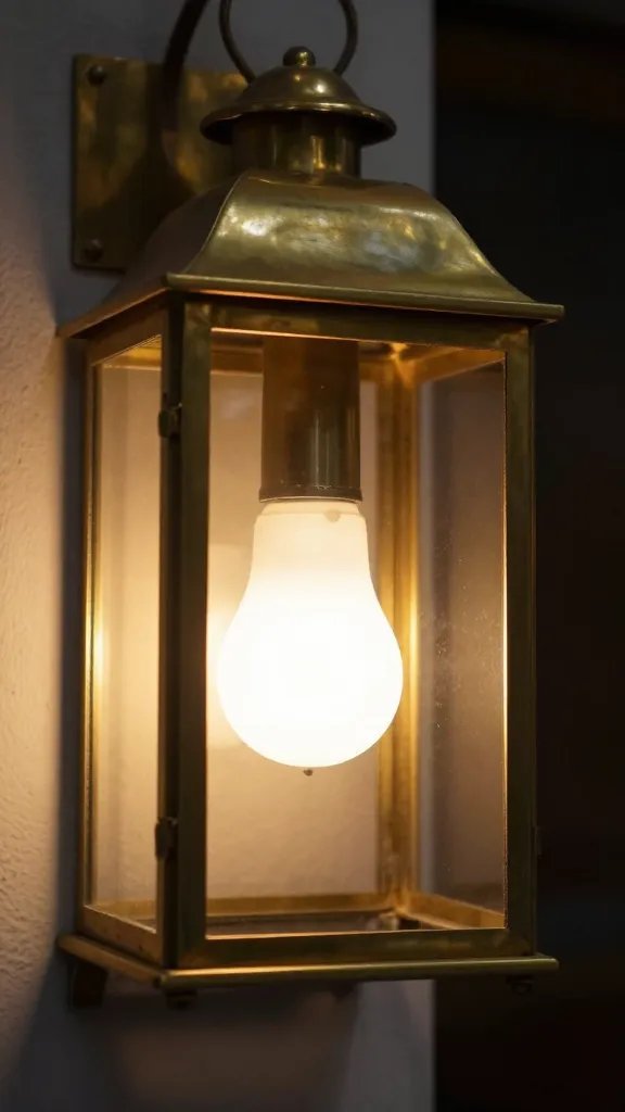 warm white bulbs reflecting in brass lantern door