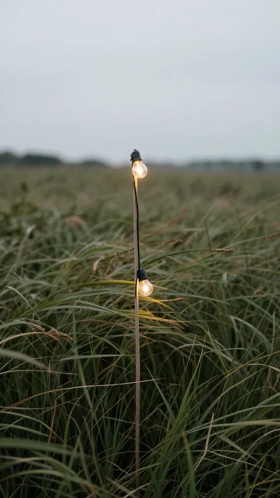 single stake holding string light end in windy grass