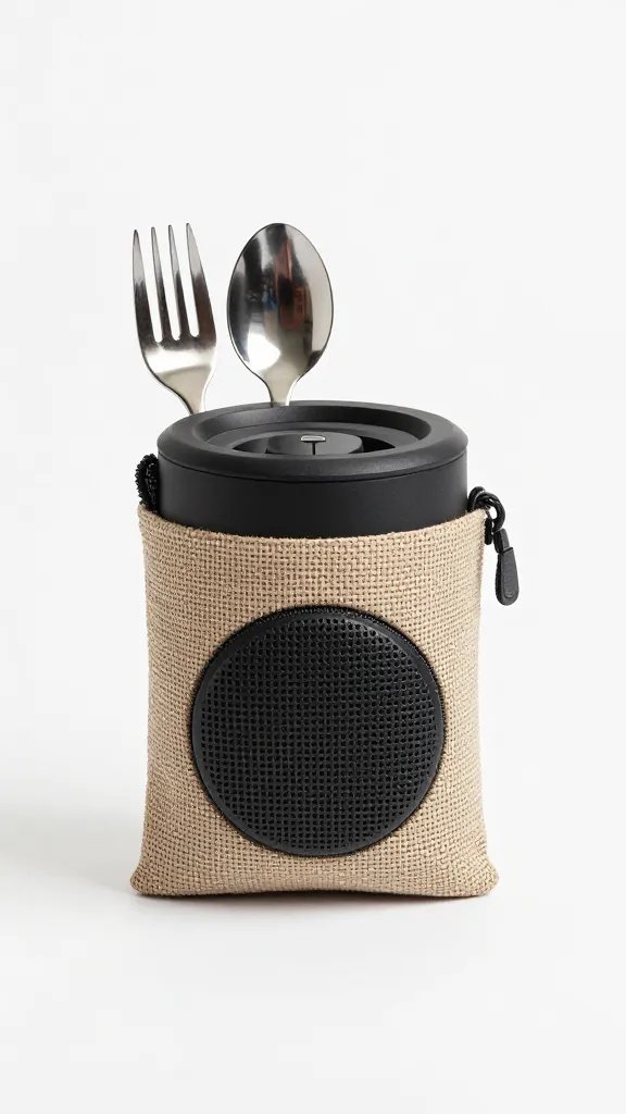 matte-black Bluetooth speaker tucked in woven cutlery pouch