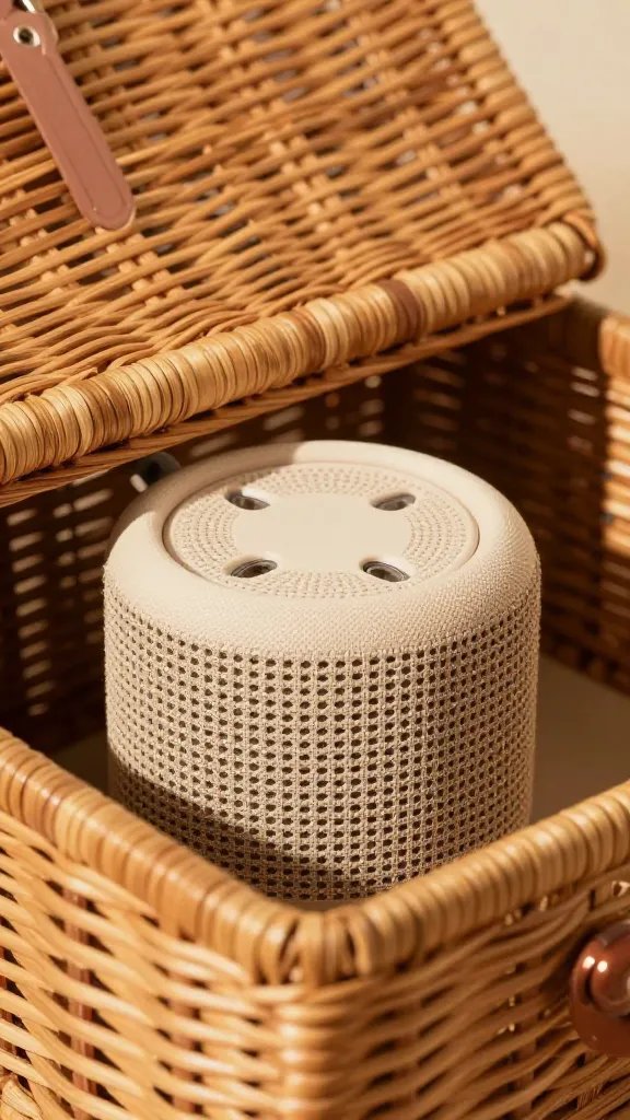sand-colored Bluetooth speaker peeking from picnic basket lid