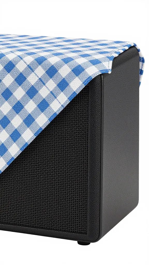 compact fabric-covered speaker under gingham napkin corner