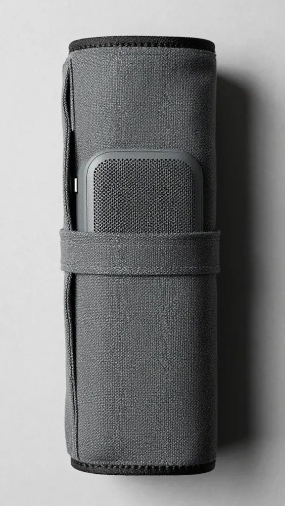 slate-gray pocket speaker nestled in canvas utensil roll