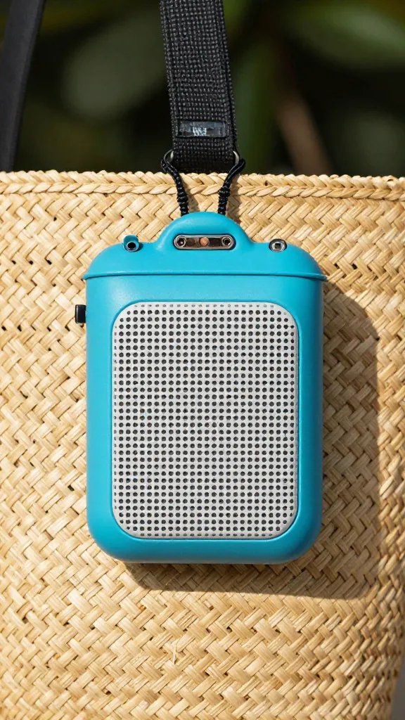 small waterproof speaker clipped inside straw tote rim