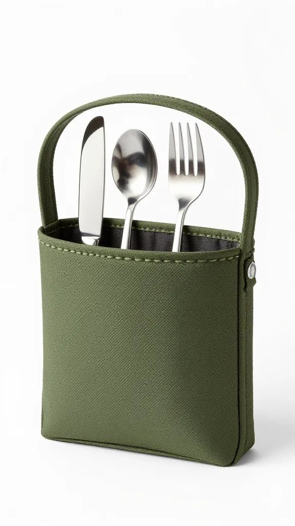 olive-green travel speaker inside stainless cutlery sleeve