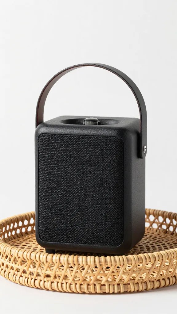 charcoal Bluetooth speaker under rattan tray handle