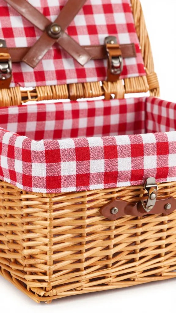 closeup of a single wicker picnic basket on gingham cloth
