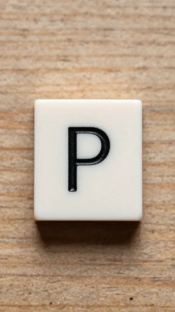 single alphabet letter tile “P” on wooden table, macro