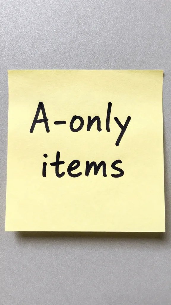 single yellow sticky note reading “A-only items,” macro