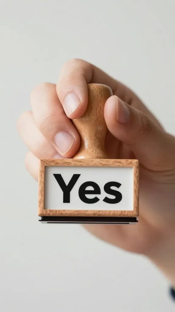 closeup of a host’s hand holding a “Yes” stamp