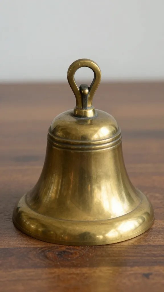 single vintage brass bell on tabletop, shallow depth
