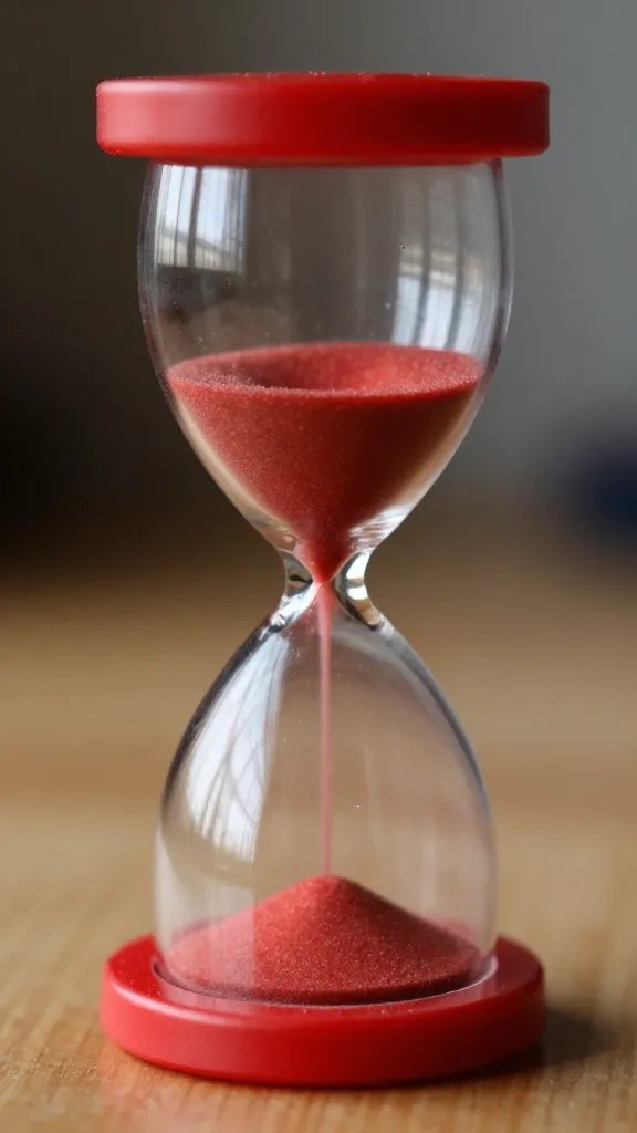 closeup of a red timer sand hourglass on desk