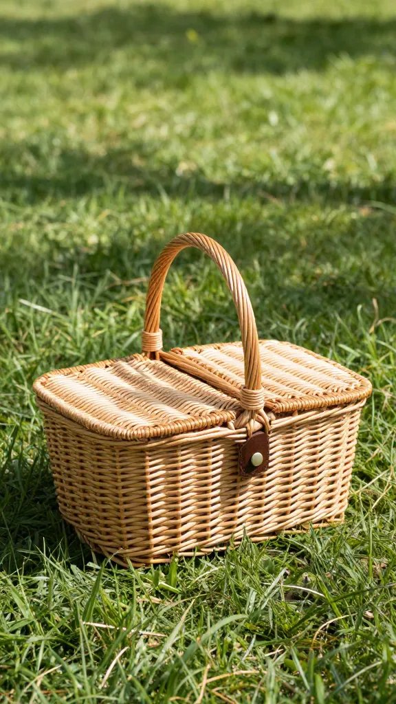 single wicker picnic basket on shaded lawn