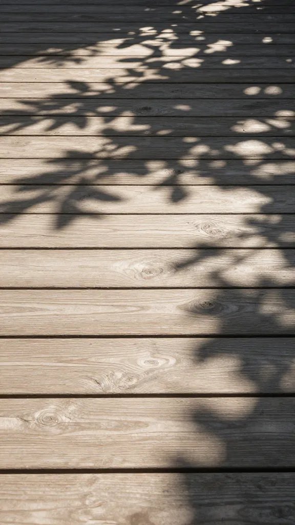wooden deck plank showing dappled tree shade