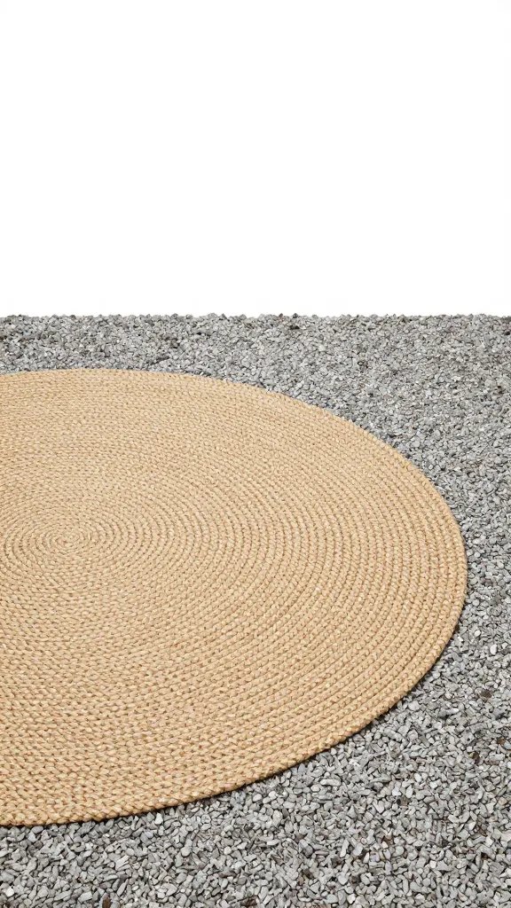 gravel corner with one round jute rug