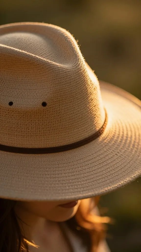 sunhat brim catching golden hour rim light
