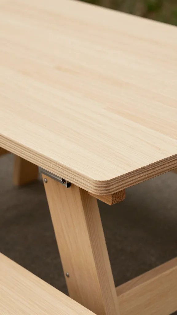 closeup folding plywood picnic tabletop with visible hinges
