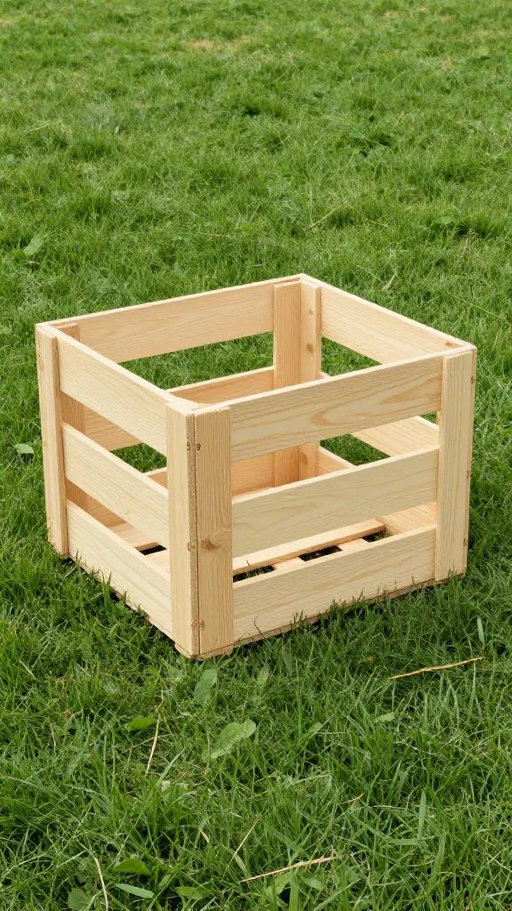 single unfinished wooden crate on trimmed grass