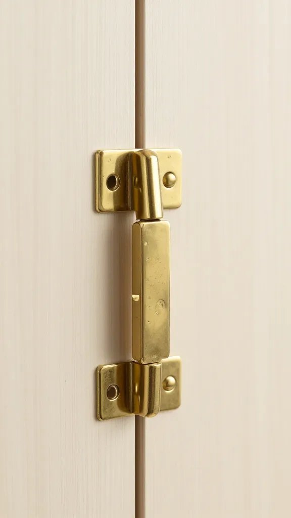 brass cabinet hinge mounted on pale plywood