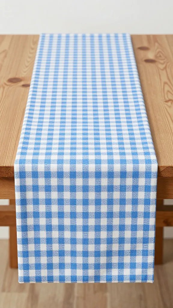 rolled gingham table runner on crate table