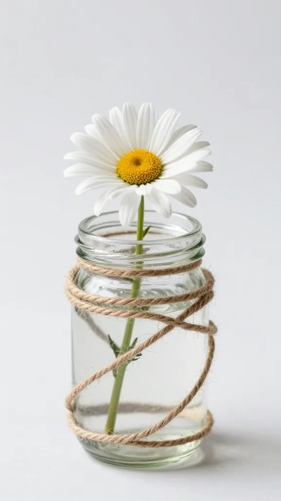 twine-wrapped glass jar holding single daisy