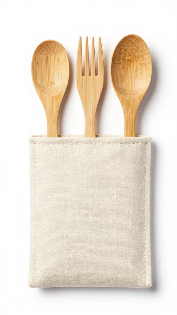 bamboo cutlery set in canvas sleeve, top view