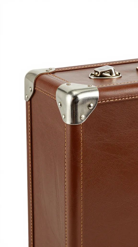 leather suitcase corner with metal hardware, studio lighting