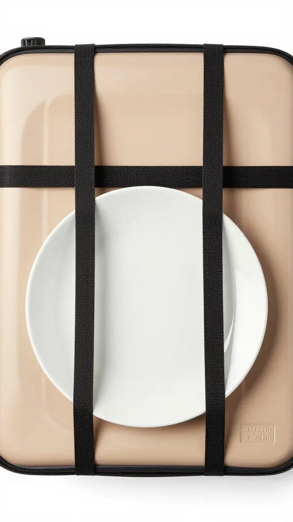 suitcase lid elastic straps holding a single ceramic plate