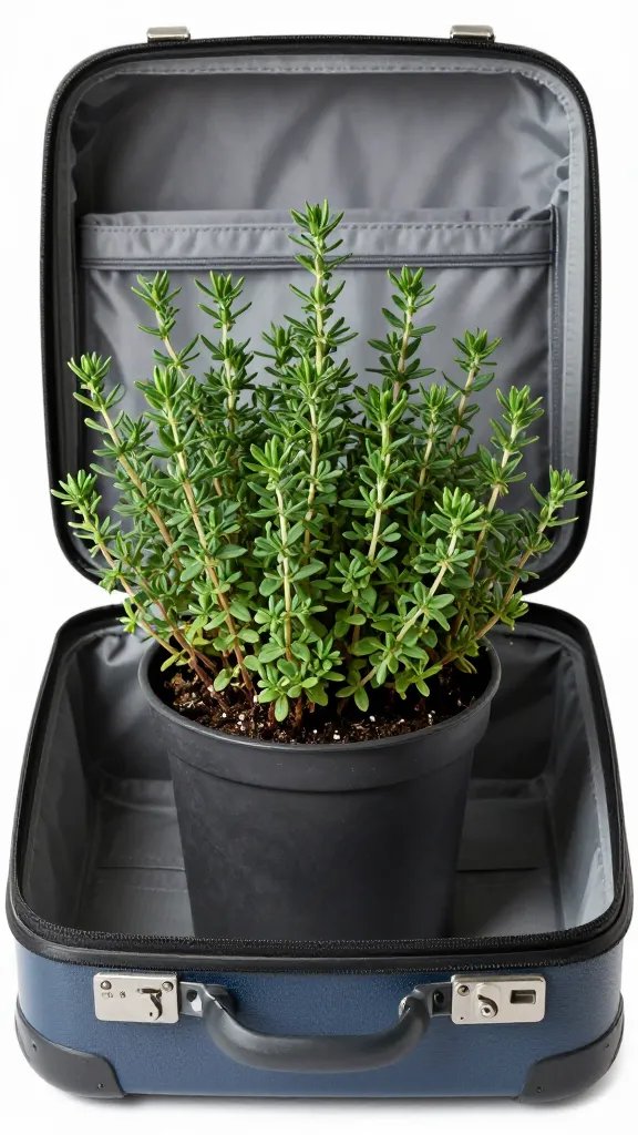 single potted thyme plant secured inside suitcase