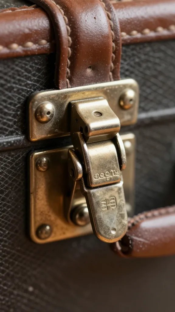 vintage suitcase latch mechanism, macro shot