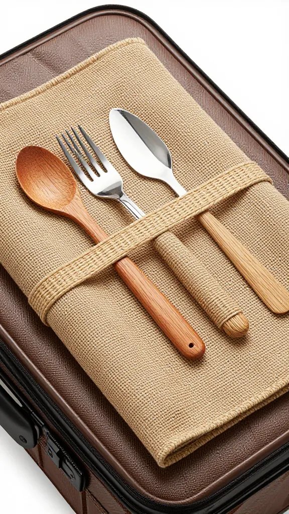 woven cutlery roll strapped to suitcase lid