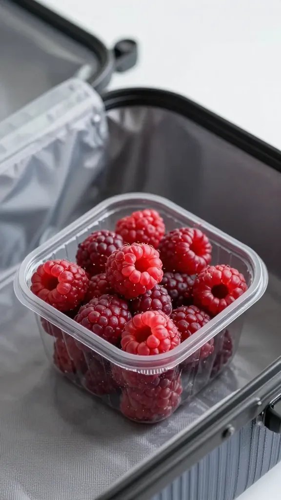 single berry container nestled in suitcase corner