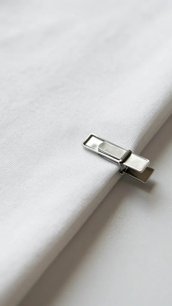 tablecloth edge secured by single steel clip, macro