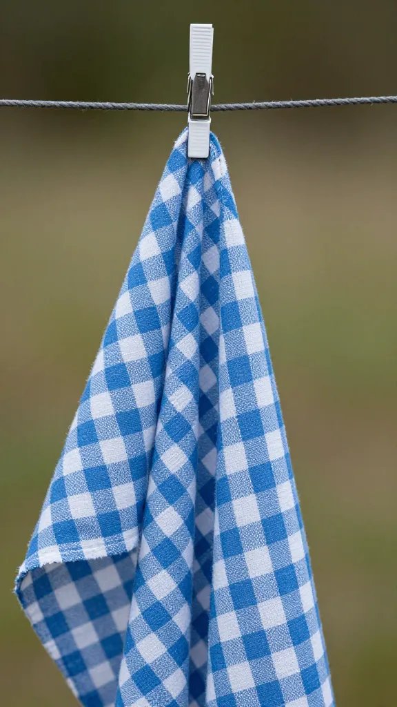 wind-tugged gingham cloth held by heavy-duty clip