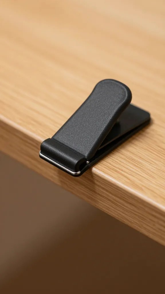 rubber-padded clip underside contacting wooden table edge