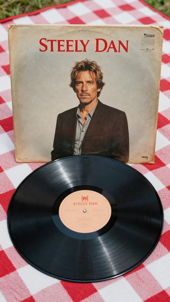 vintage vinyl of Steely Dan on picnic blanket, closeup