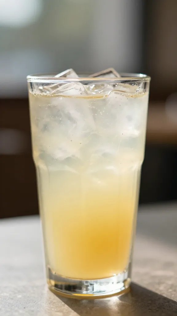 iced lemonade in clear tumbler, soft sunlight bokeh
