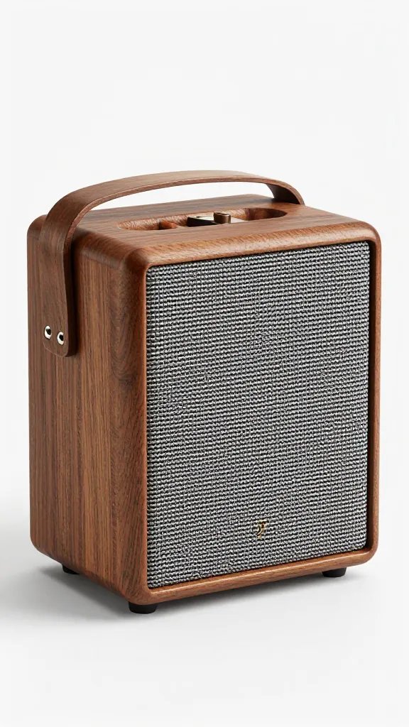 polished wooden portable speaker, fabric grille detail