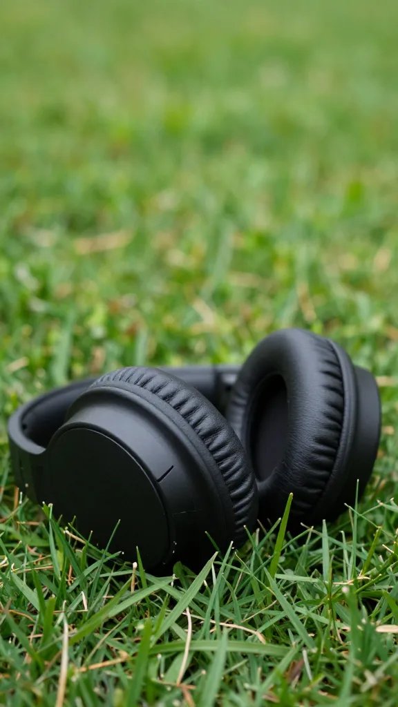leather headphone earcup resting on grass, shallow depth