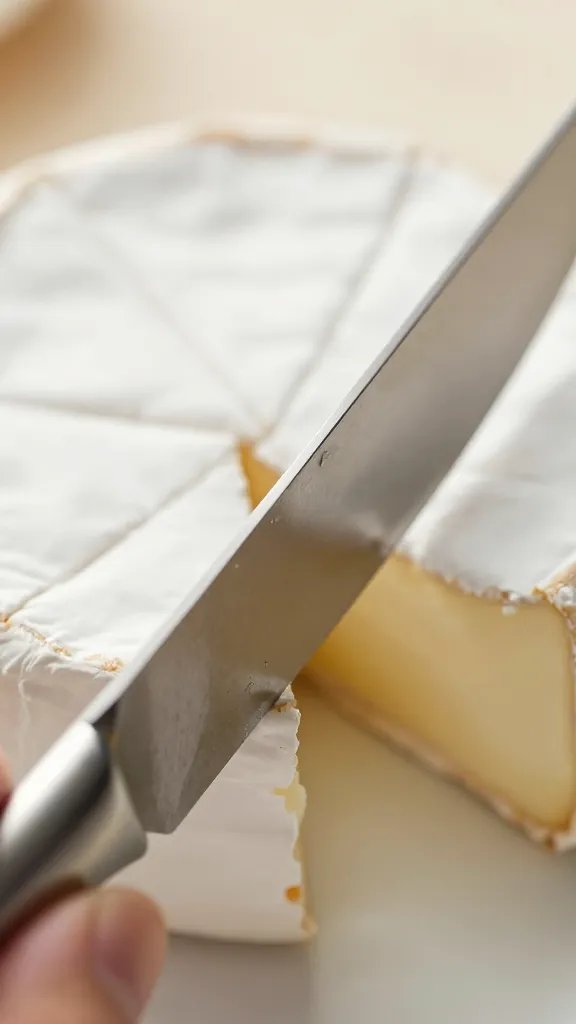 stainless picnic knife slicing soft brie, extreme closeup