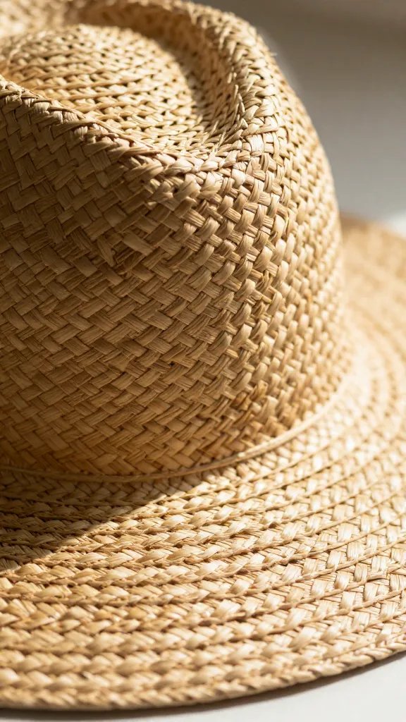 braided straw sun hat brim texture, side-lit macro