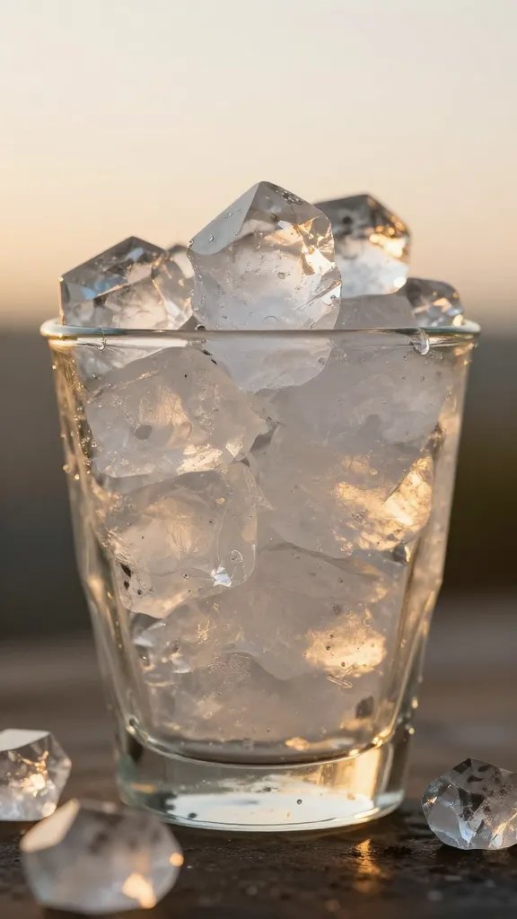 crystal rocks glass with melting ice, golden hour rim-light