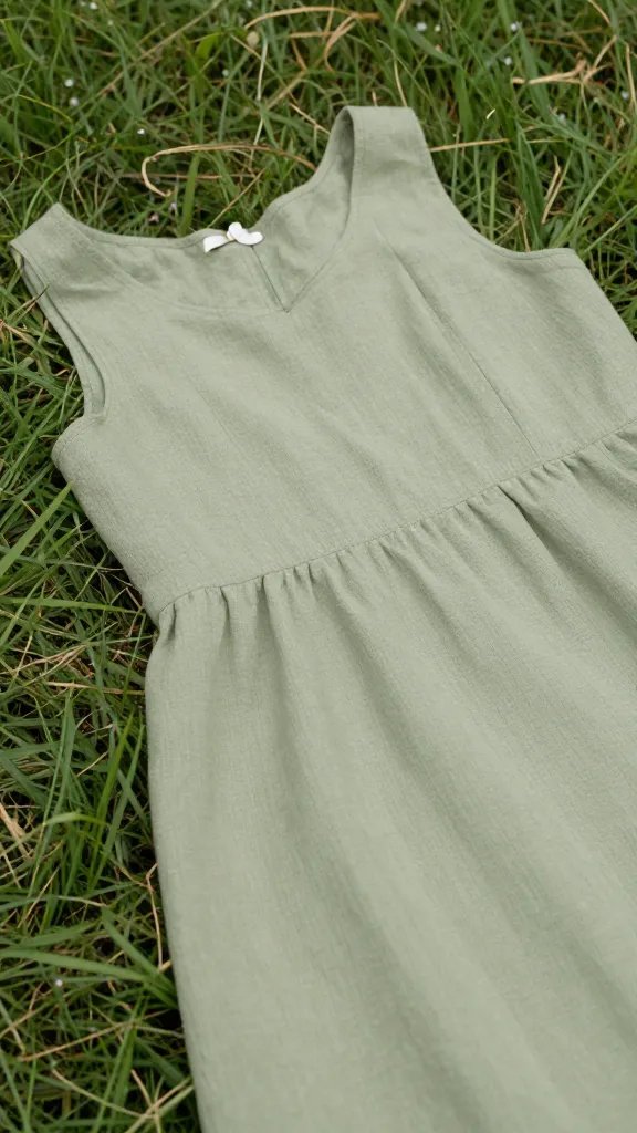 closeup sage linen sundress on meadow grass